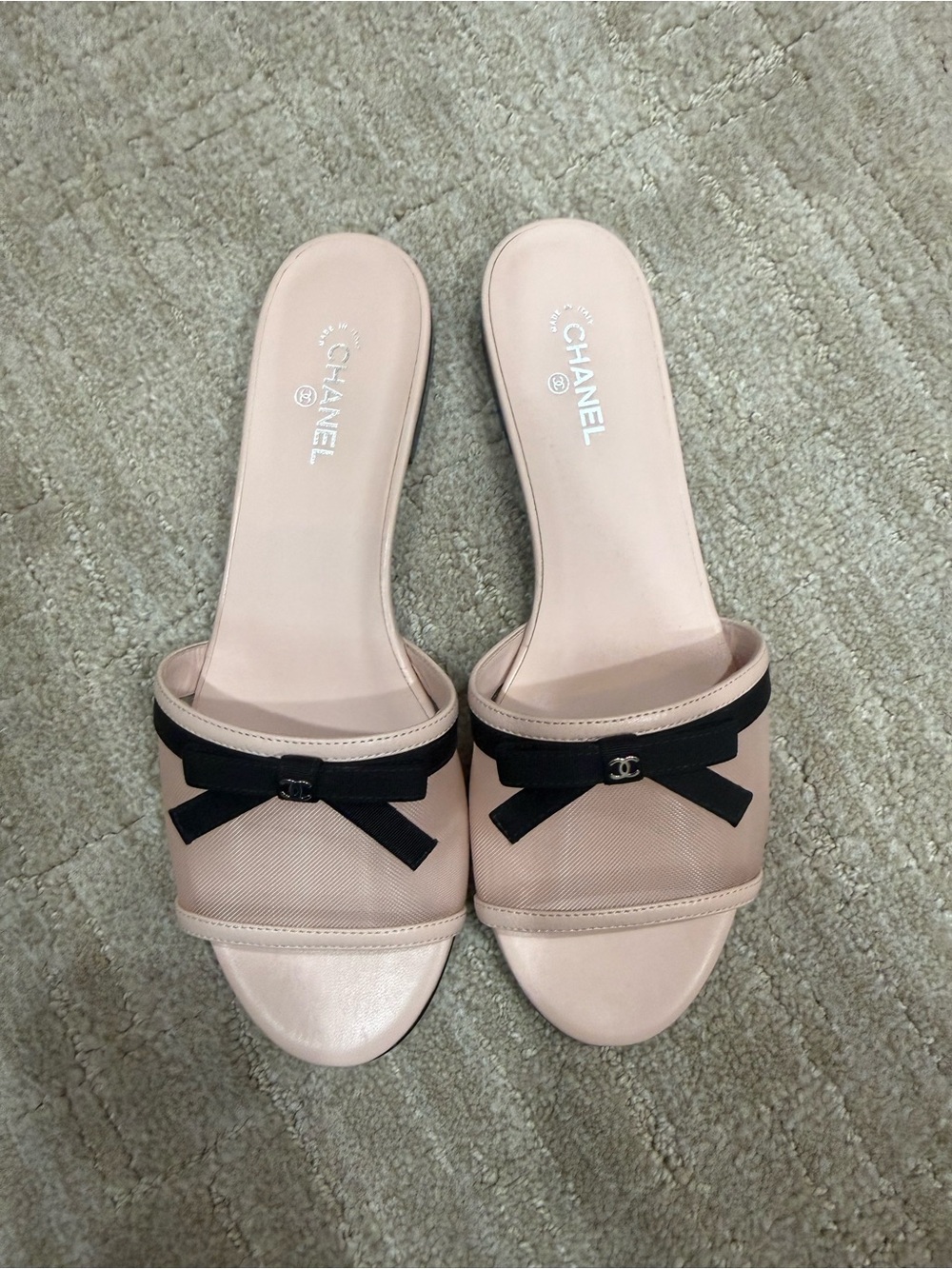 CHANEL Blush Pink Slide Mules with Black Bow